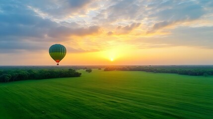 Fototapeta premium A colorful hot air balloon floats above a lush green field during a vibrant sunset, casting a serene atmosphere in the sky.