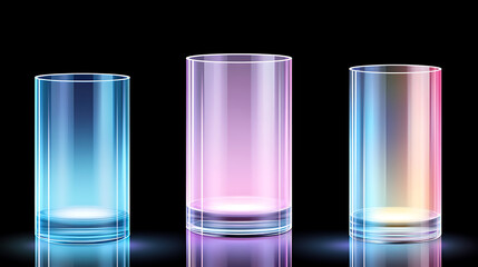 Three Clear Glass Cylinders Reflecting Different Colored Light Creating a Striking Visual Effect.