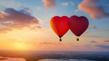 Fototapeta premium Two heart-shaped hot air balloons float against a vibrant sunset sky, creating a romantic and dreamy atmosphere over a serene landscape.