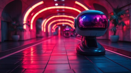 Futuristic Robot in Neon Lighted Corridor with Glowing Reflection. Generative AI