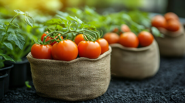 Fresh tomatoes in burlap sack on rustic table, vibrant produce, farm‑to‑table, organic vegetables, gourmet presentation