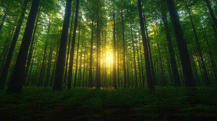 Obraz premium Sunlight filtering through trees in a sustainable forest with lush greenery and natural environment