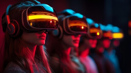Group of people wearing virtual reality headsets with neon lights. Generative AI