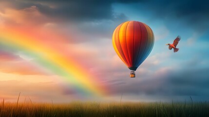 Obraz premium A vibrant hot air balloon floats above a rainbow, set against a colorful sky with a bird soaring nearby, creating a serene and magical atmosphere.