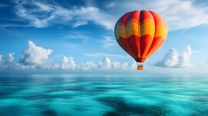 Fototapeta premium A vibrant hot air balloon floats above tranquil blue waters under a bright sky dotted with fluffy clouds.