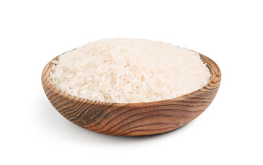 Wooden bowl with raw rice isolated on white background