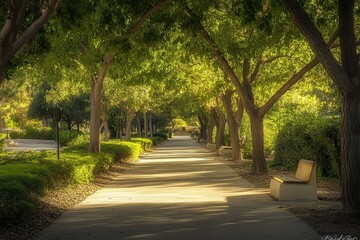 Obraz premium Sunlit Pathway: Serene Walkway Through Lush Greenery and Trees, Peaceful Park Bench in Tranquil Setting