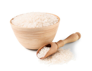 Wooden bowl and scoop with raw rice isolated on white background