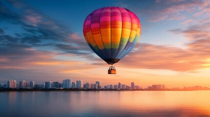 Fototapeta premium A vibrant hot air balloon floats over a calm lake, reflecting the colorful sky and city skyline during a stunning sunset.
