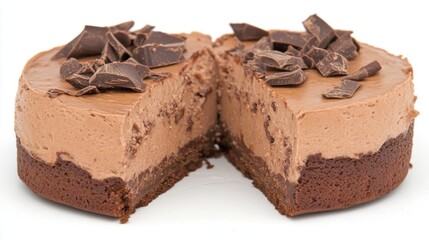 Delicious Chocolate Cake Slice with Creamy Filling and Topped with Dark Chocolate Chunks