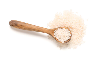 Wooden spoon with raw rice isolated on white background