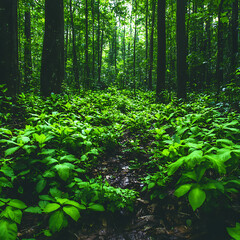 Obraz premium Tranquil Forest Floor with Vibrant Green Undergrowth and Tall Trees in Deep Woodland Scenery.