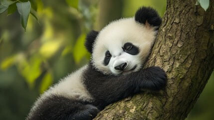 Obraz premium Sleeping panda cub resting on tree in lush green forest