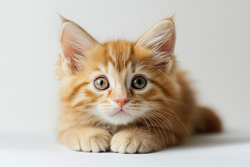 Beautiful Ginger Kitten with Amber Eyes Laying Down with Perfectly Folded Paws in Professional Studio Portrait Against Clean White Background with Natural Light