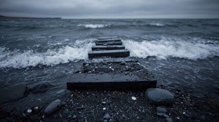 Dark beach steps in rough sea. Ocean waves crash over dark wooden pier. Possible use nature photography