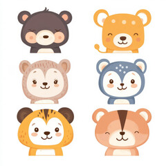 Fototapeta premium Cute animal faces in colorful art style, featuring bear, lion, panda, and tiger. Perfect for children designs