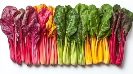 Colorful swiss chard with vibrant stems arranged in a row on white isolated background. Generative AI