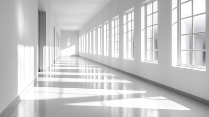 Bright sunlight streams through tall windows illuminating long white hallway. AI Generated
