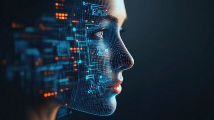 Womans face with futuristic digital biometric facial recognition interface technology displayed