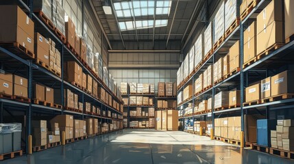 Fototapeta premium Rows of neatly stacked cardboard boxes fill a sunlit warehouse