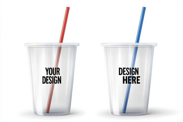 Clear plastic cups with customizable designs and colorful straws evoke creativity and personalization