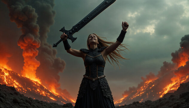a warrior holds a large sword triumphantly, standing against a backdrop of erupting volcanoes with smoke and flames. The scene conveys a sense of power and victory.