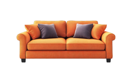 Orange fabric sofa with cushions isolated