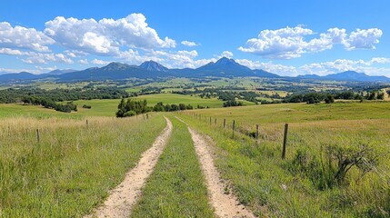 Naklejka premium Rural road leads to mountain range under sunny sky