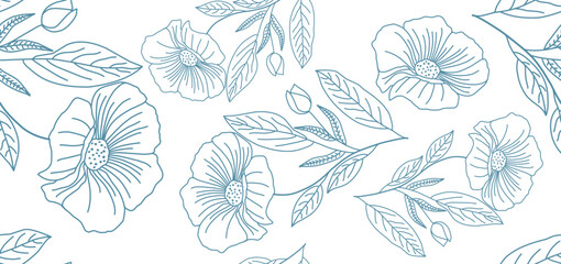 Floral hand drawn background. Botanical line art wallpaper with flowers, branches and eucalyptus leaves. Design in red and green shades watercolor texture for banner, prints, wall art and home decor.