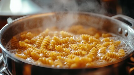 Cooking pasta in a steaming pot of water.