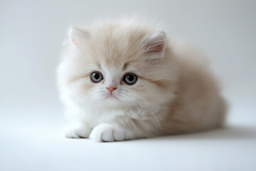 Adorable White Persian Kitten with Blue Eyes in Clean Studio Portrait, Professional Baby Cat Photography