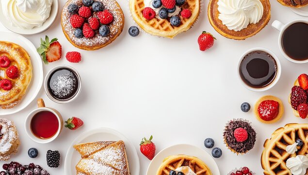Delicious breakfast pastries, coffee, berries, frame, white background, menu design