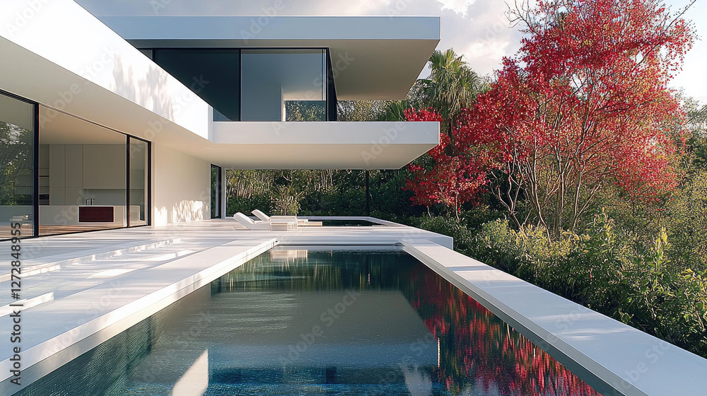 Poster minimalist tropical house. the pool is in the center of the house dividing public and more private s