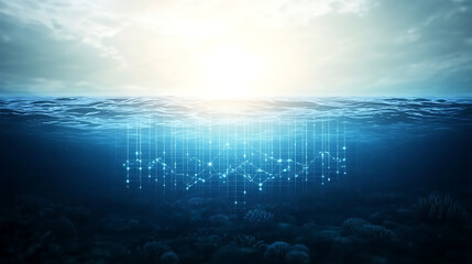 Underwater Financial Data Chart Visualization in Ocean for Stock Investment Analysis.