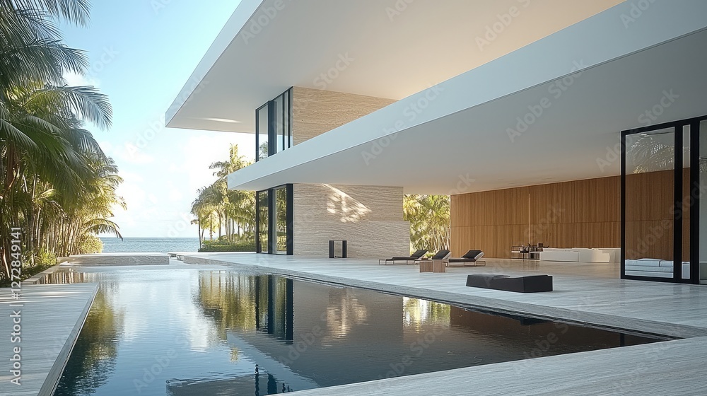 Poster minimalist tropical house. the pool is in the center of the house dividing public and more private s