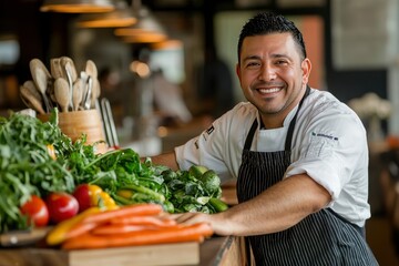 Fototapeta premium The chef is smiling, fresh vegetables are lying on the wooden table