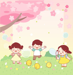 Spring, Children's Day, Cute, Pleasant, Kids, Flowers, Nature, Field, Character, Vector, Guide, Frame, Education, Playroom,