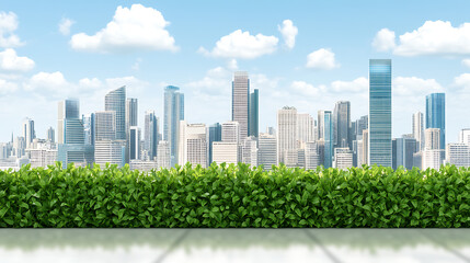 Obraz premium Urban Skyline View Behind Green Hedge on Balcony with Clear Sky and Clouds Cityscape Backdrop.