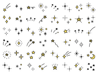 手書きのキラキラ飾りのベクターイラストセット。手描き、星、キラキラ、飾り