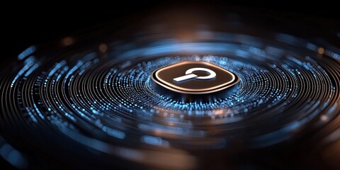 Cyber Threats Cybersecurity. A glowing question mark icon centered in rippling blue light, symbolizing inquiry and information in a digital space.