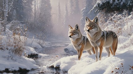 Fototapeta premium Two coyotes stand vigilantly by a snow covered stream in a winter wonderland