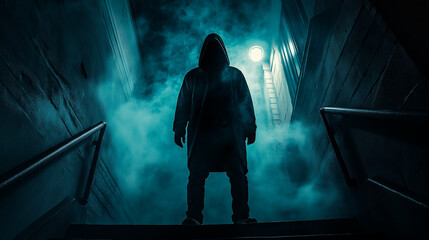 Mysterious figure standing in foggy alley at night, intrigue and suspense