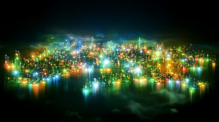 Vibrant Cityscape at Night with Colorful Lights Reflecting in Water and Surrounded by Low Clouds.