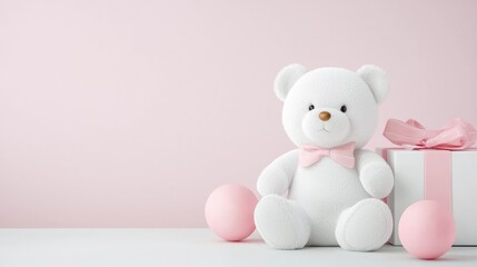 Obraz premium Pink teddy bear gift pastel background baby shower