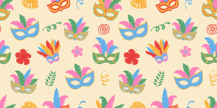 Carnival masks with feathers. Seamless pattern with masquerade and doodle elements.