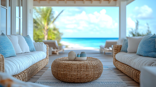 Coastal sunroom with wicker furniture, ocean view, tropical palm, beachy decor, seaside retreat