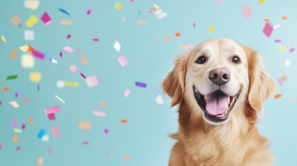 Celebration of Joy: A Golden Retriever exudes happiness with confetti cascading, creating a cheerful and lively scene, capturing pure joy and festive spirit.