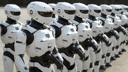 Futuristic White Robot Soldiers Standing in Formation Military Science Fiction AI Technology