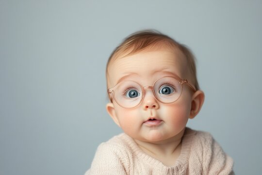 Adorable baby with round glasses looks surprised and curious