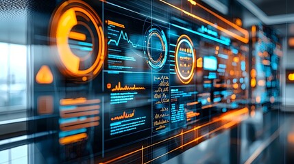 A futuristic holographic whiteboard displaying colorful educational content with various data visualizations charts and analytics information